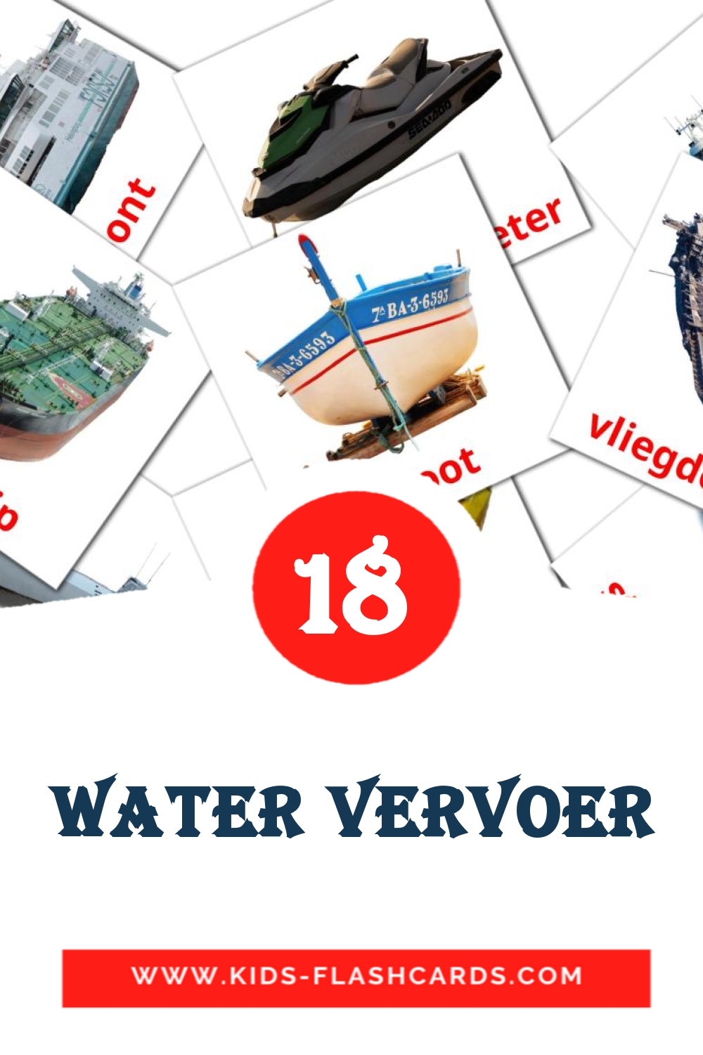 18 cartes illustrées de Water vervoer pour la maternelle en afrikaans