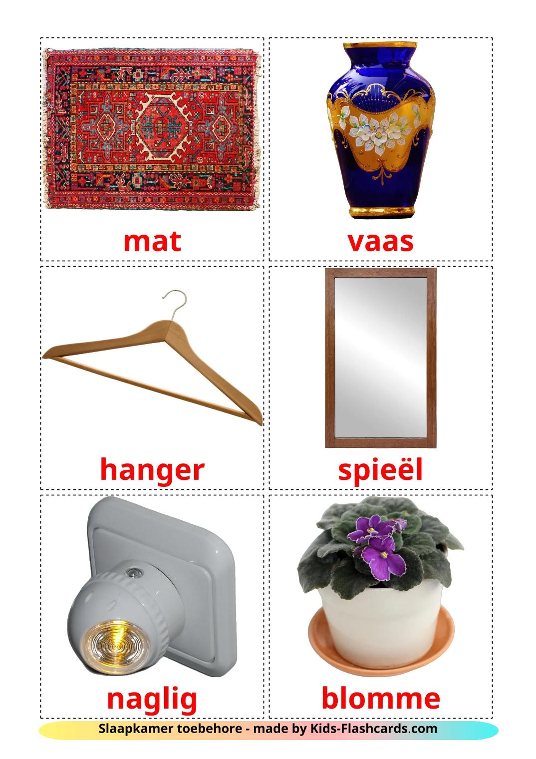 Bedroom accessories - 15 Free Printable afrikaans Flashcards 