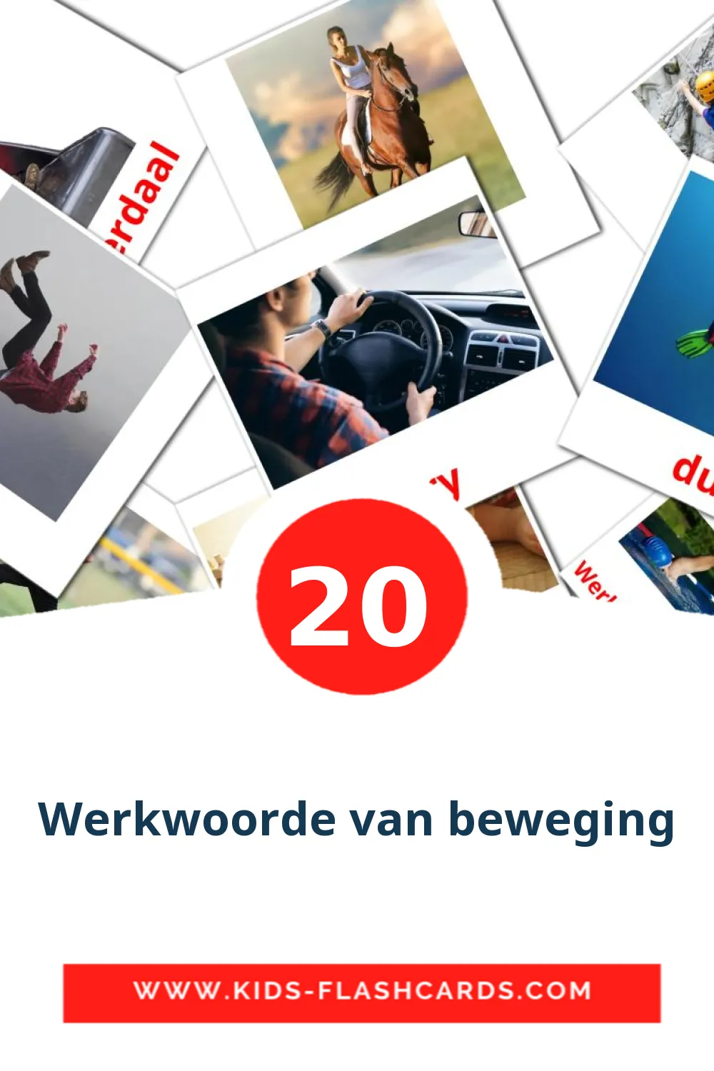 20 cartes illustrées de Werkwoorde van beweging pour la maternelle en afrikaans