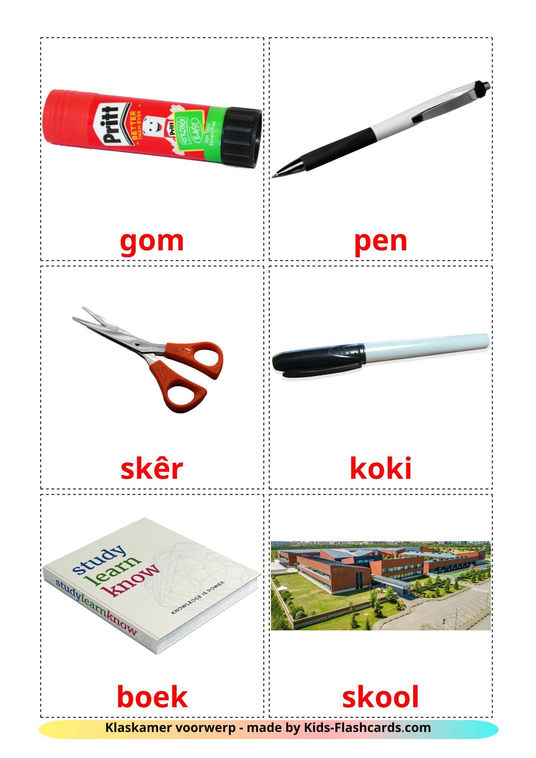 Classroom objects - 36 Free Printable afrikaans Flashcards 
