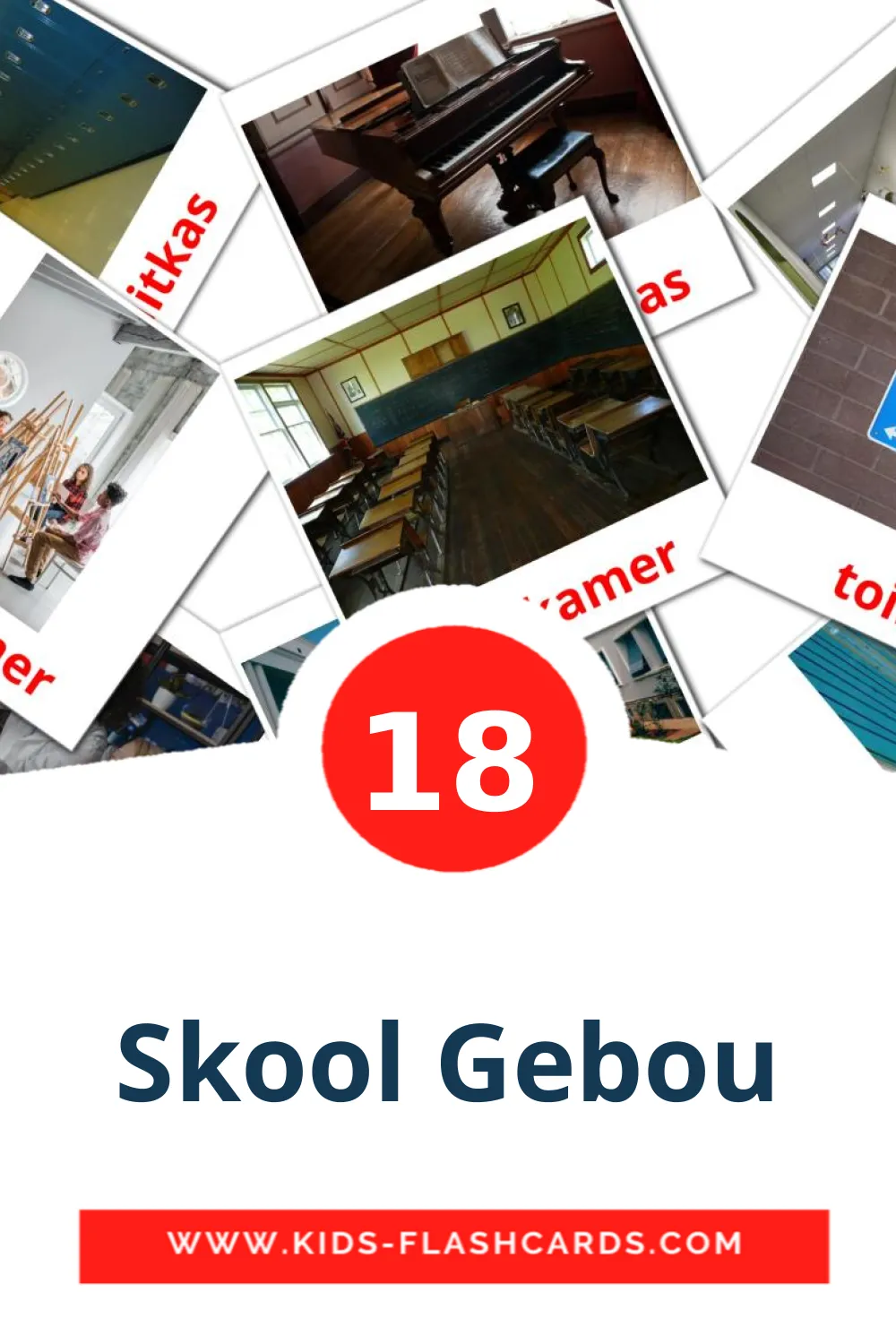 18 carte illustrate di Skool Gebou per la scuola materna in afrikaans