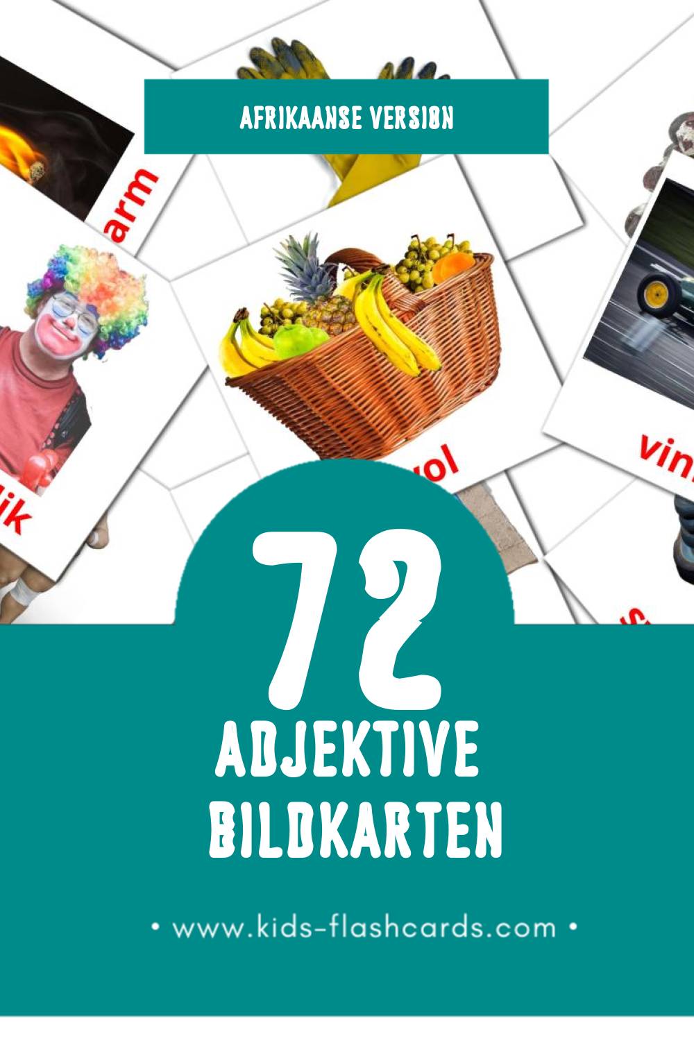 Visual Byvoeglike naamwoorde Flashcards für Kleinkinder (72 Karten in Afrikaans)
