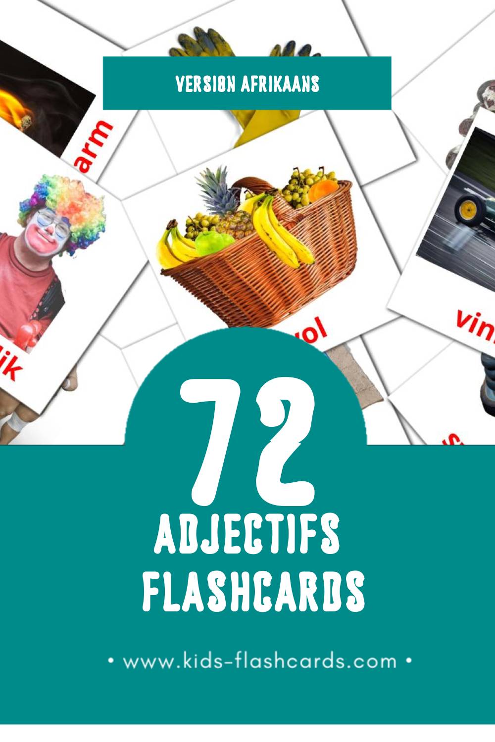 Flashcards Visual Byvoeglike naamwoorde pour les tout-petits (74 cartes en Afrikaans)