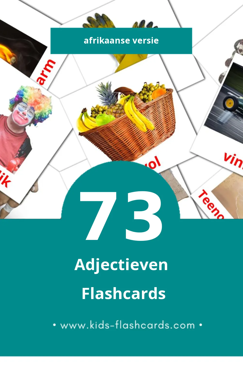 Visuele Byvoeglike naamwoorde Flashcards voor Kleuters (73 kaarten in het Afrikaans)