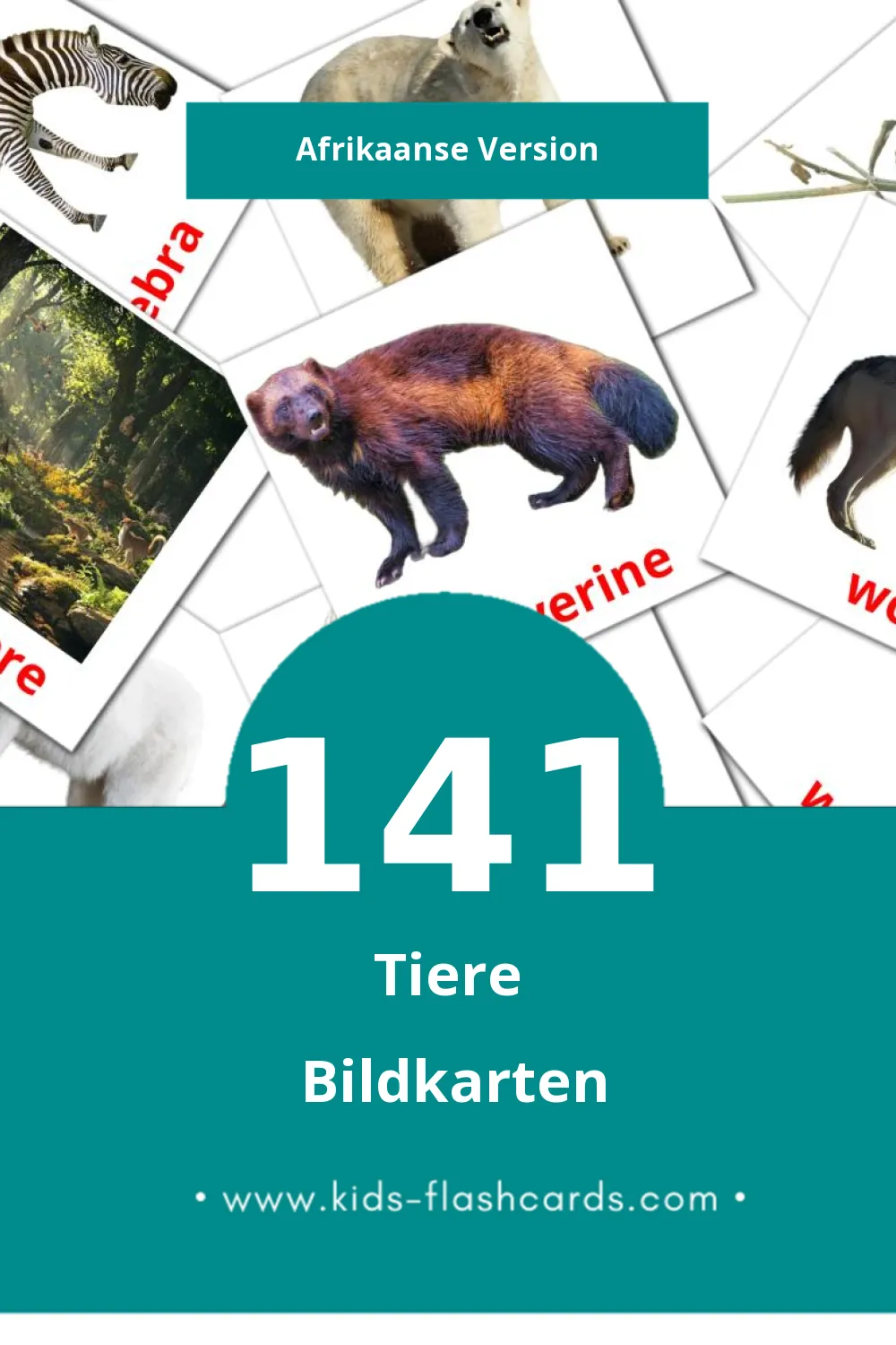 Visual Diere Flashcards für Kleinkinder (141 Karten in Afrikaans)