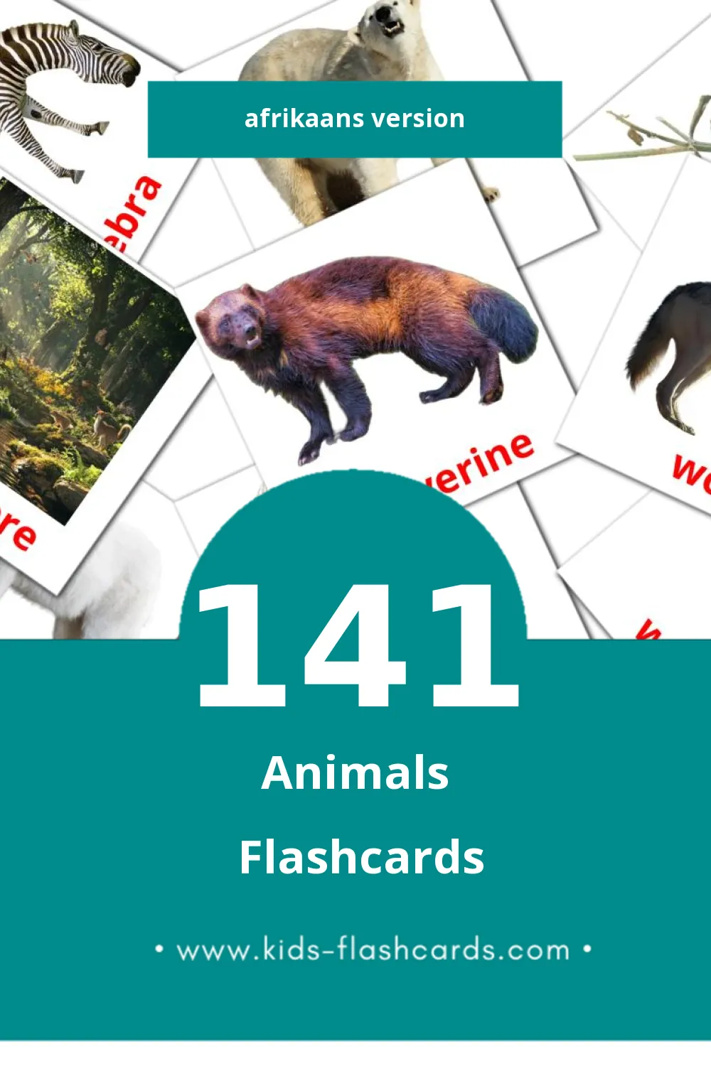 Visual Diere Flashcards for Toddlers (141 cards in Afrikaans)