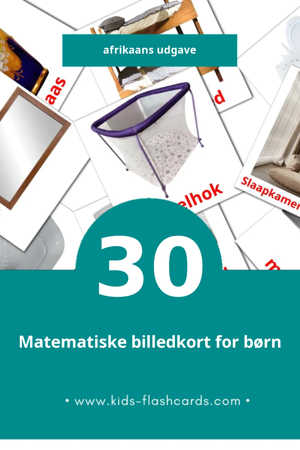 Visuelle billedkort for børn om slaapkamer til småbørn (30 kort på Afrikaans)