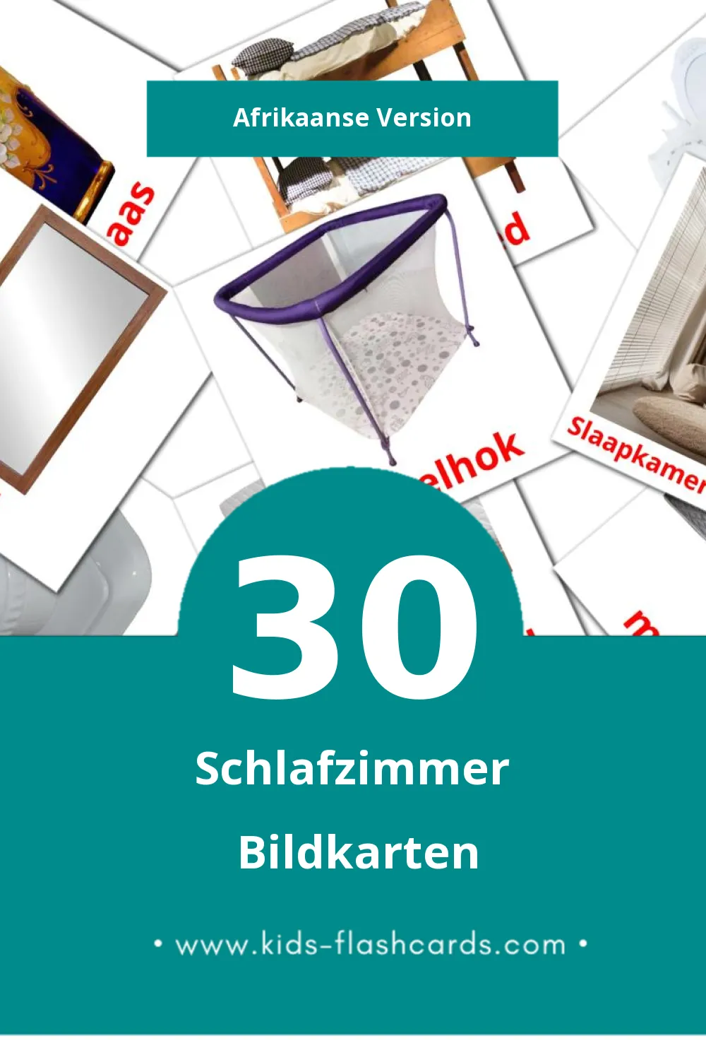 Visual slaapkamer Flashcards für Kleinkinder (30 Karten in Afrikaans)