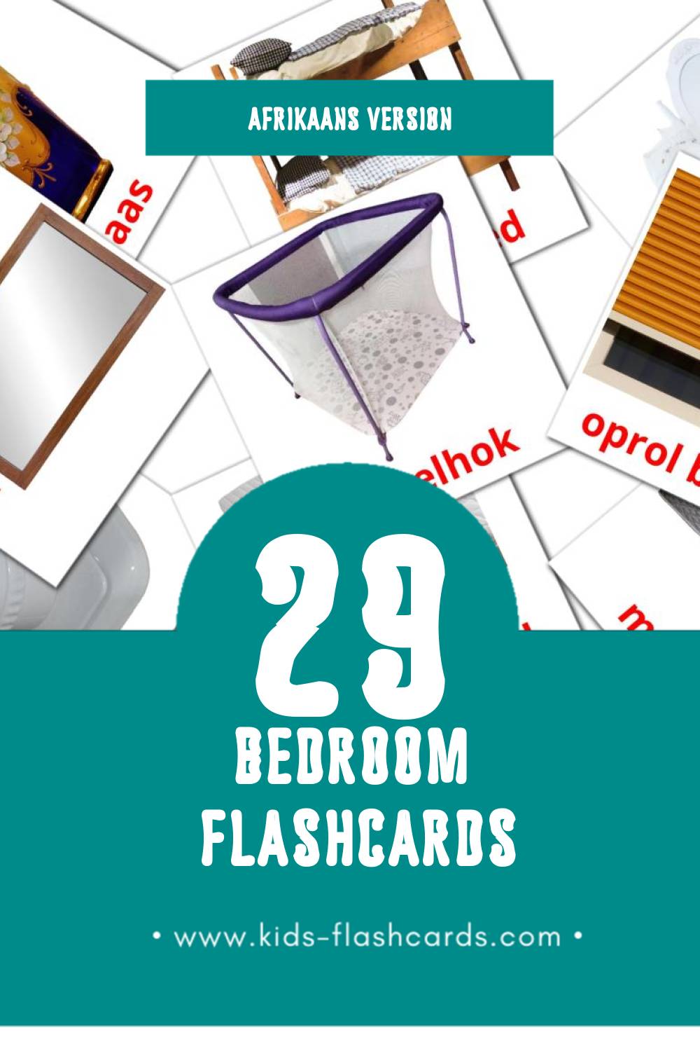 Visual slaapkamer Flashcards for Toddlers (33 cards in Afrikaans)