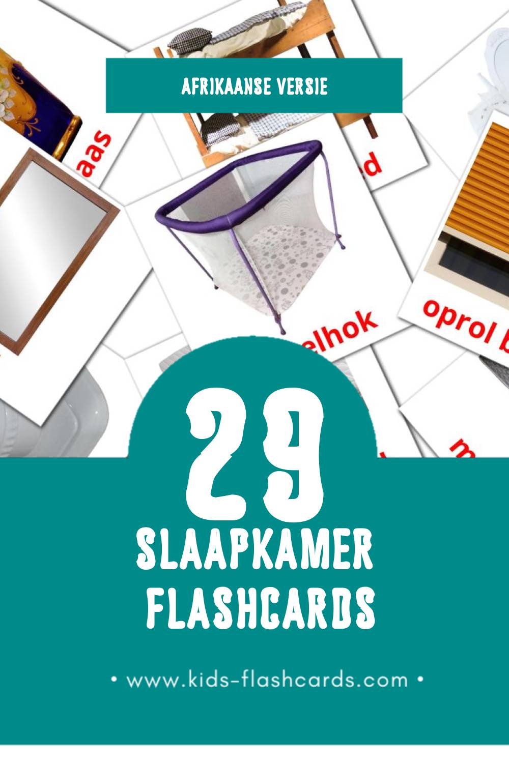 Visuele slaapkamer Flashcards voor Kleuters (29 kaarten in het Afrikaans)