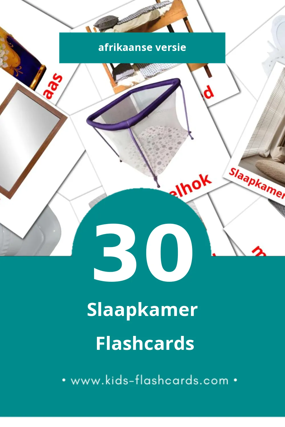 Visuele slaapkamer Flashcards voor Kleuters (30 kaarten in het Afrikaans)