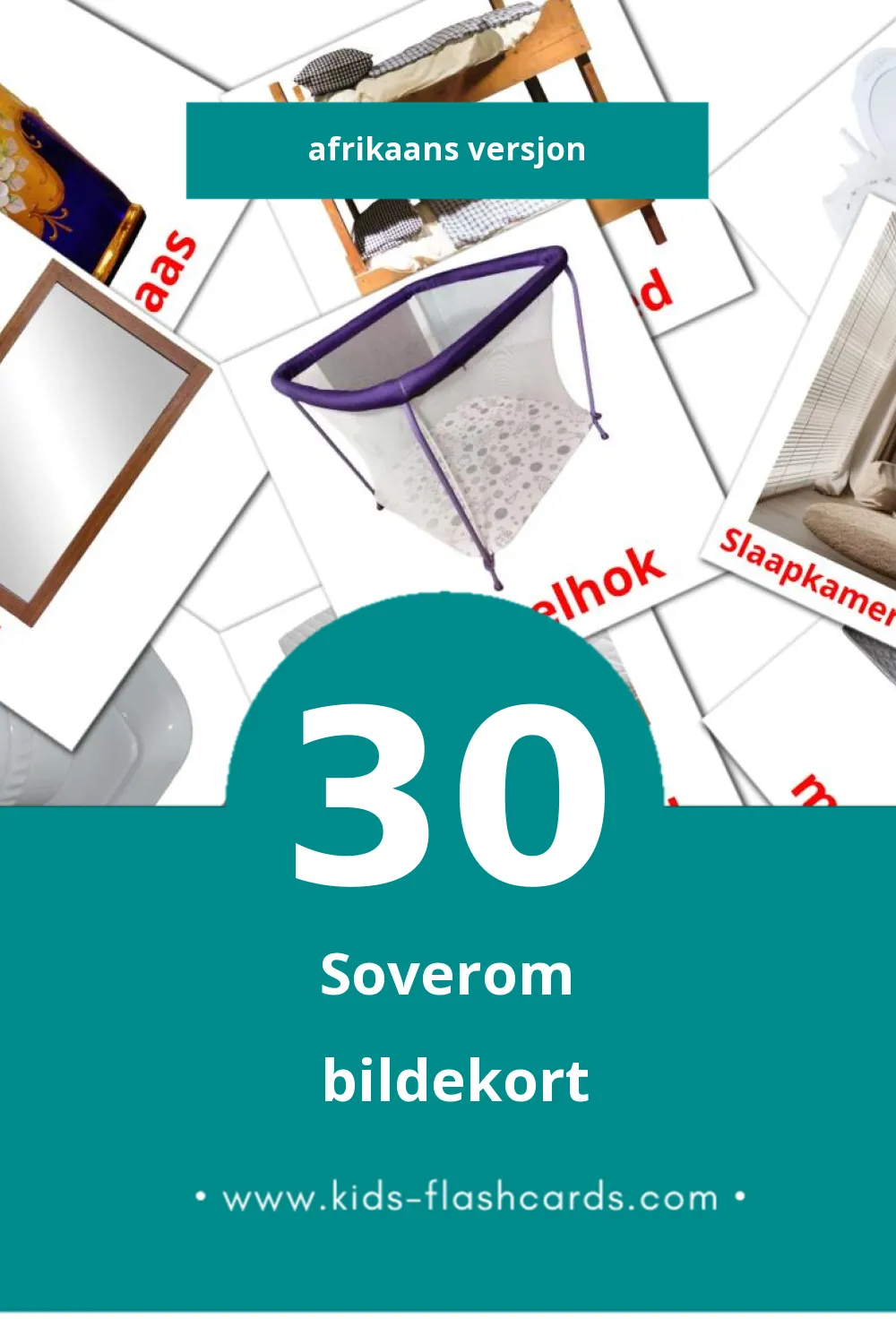 Visuelle slaapkamer bildekort for småbarn (30 kort på Afrikaans)