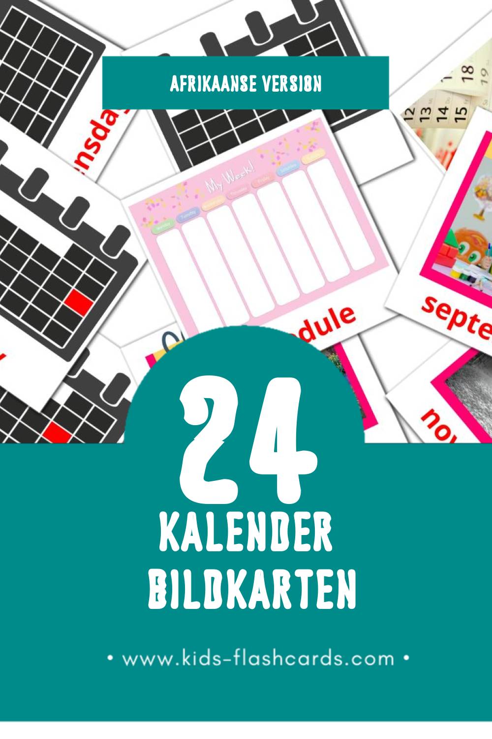 Visual Kalender Flashcards für Kleinkinder (24 Karten in Afrikaans)