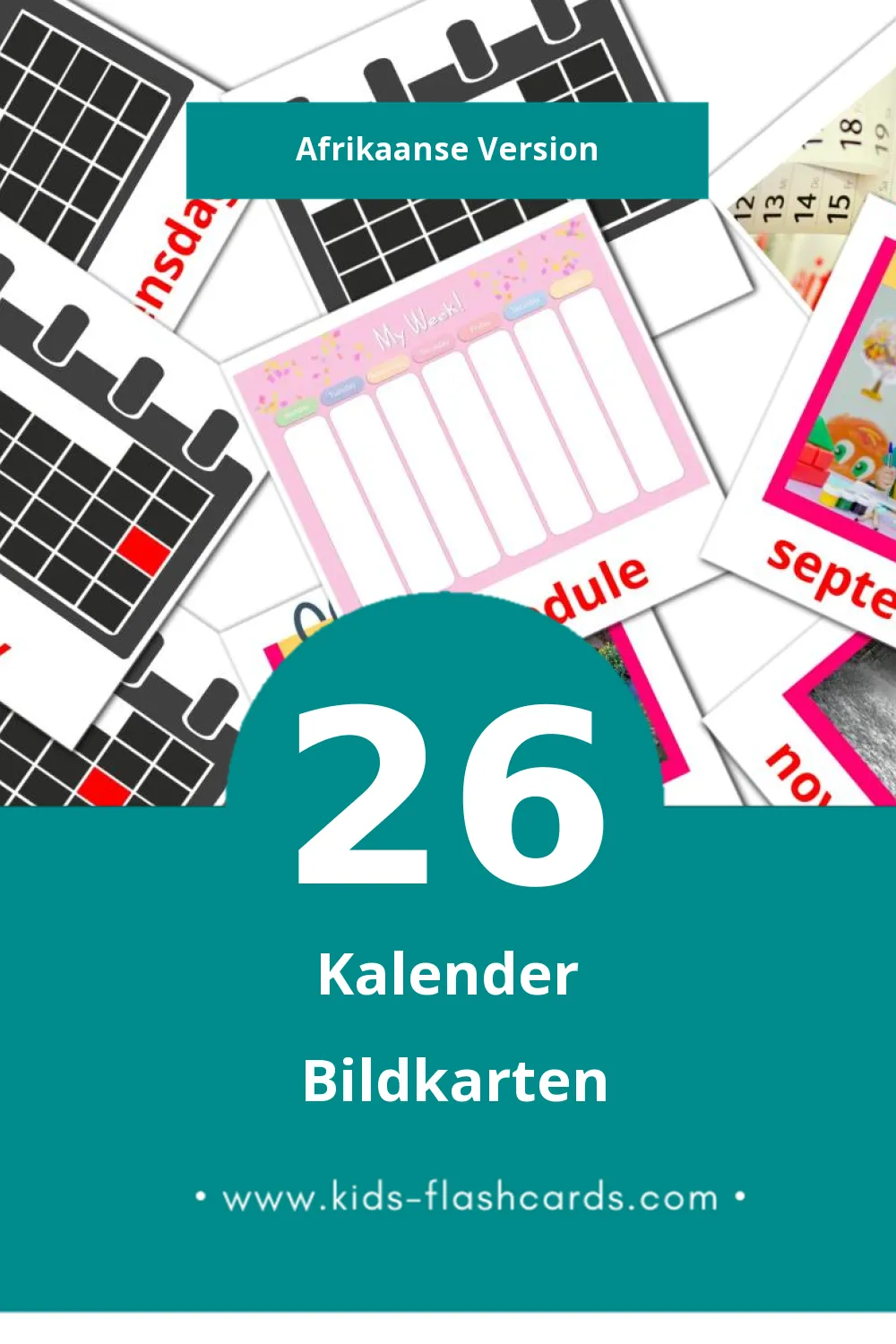 Visual Kalender Flashcards für Kleinkinder (26 Karten in Afrikaans)