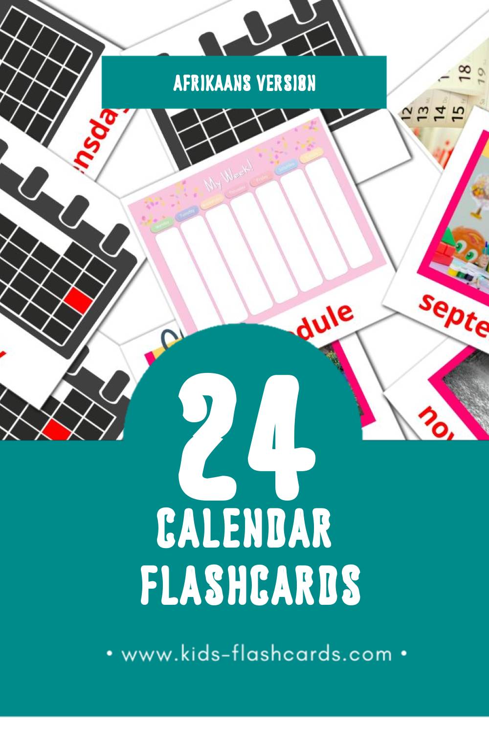 Visual Kalender Flashcards for Toddlers (24 cards in Afrikaans)