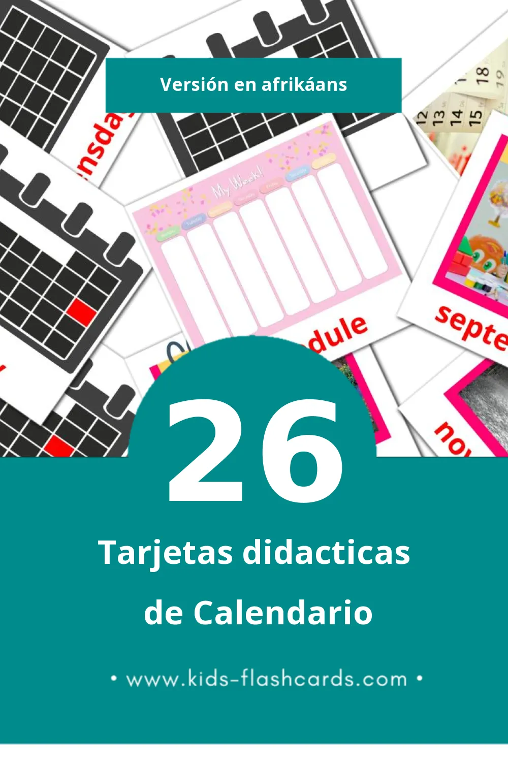 Tarjetas visuales de Kalender para niños pequeños (26 tarjetas en Afrikáans)