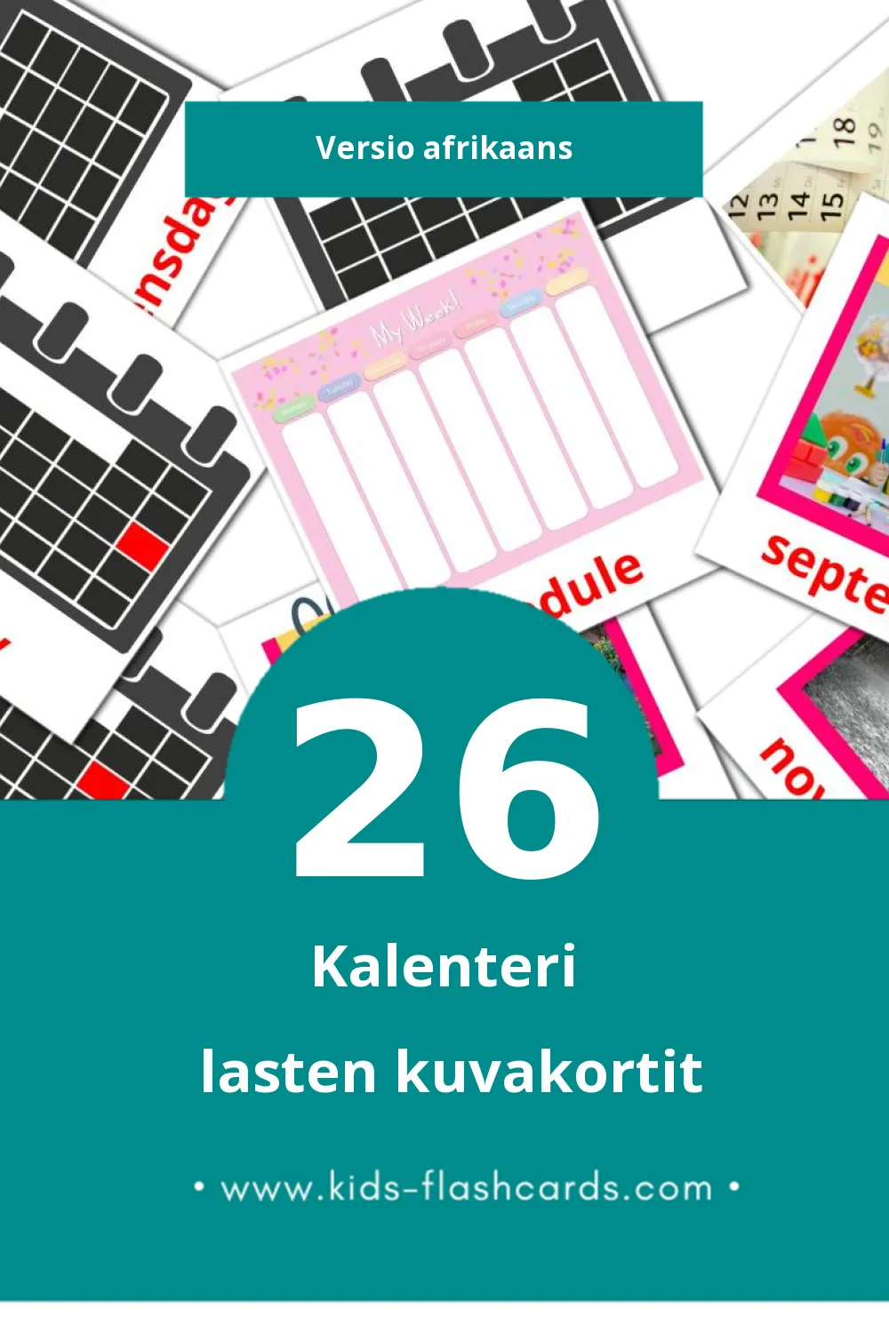 Kalender lasten kuvakortit pikkulapsille (26 korttia Afrikaansksi)
