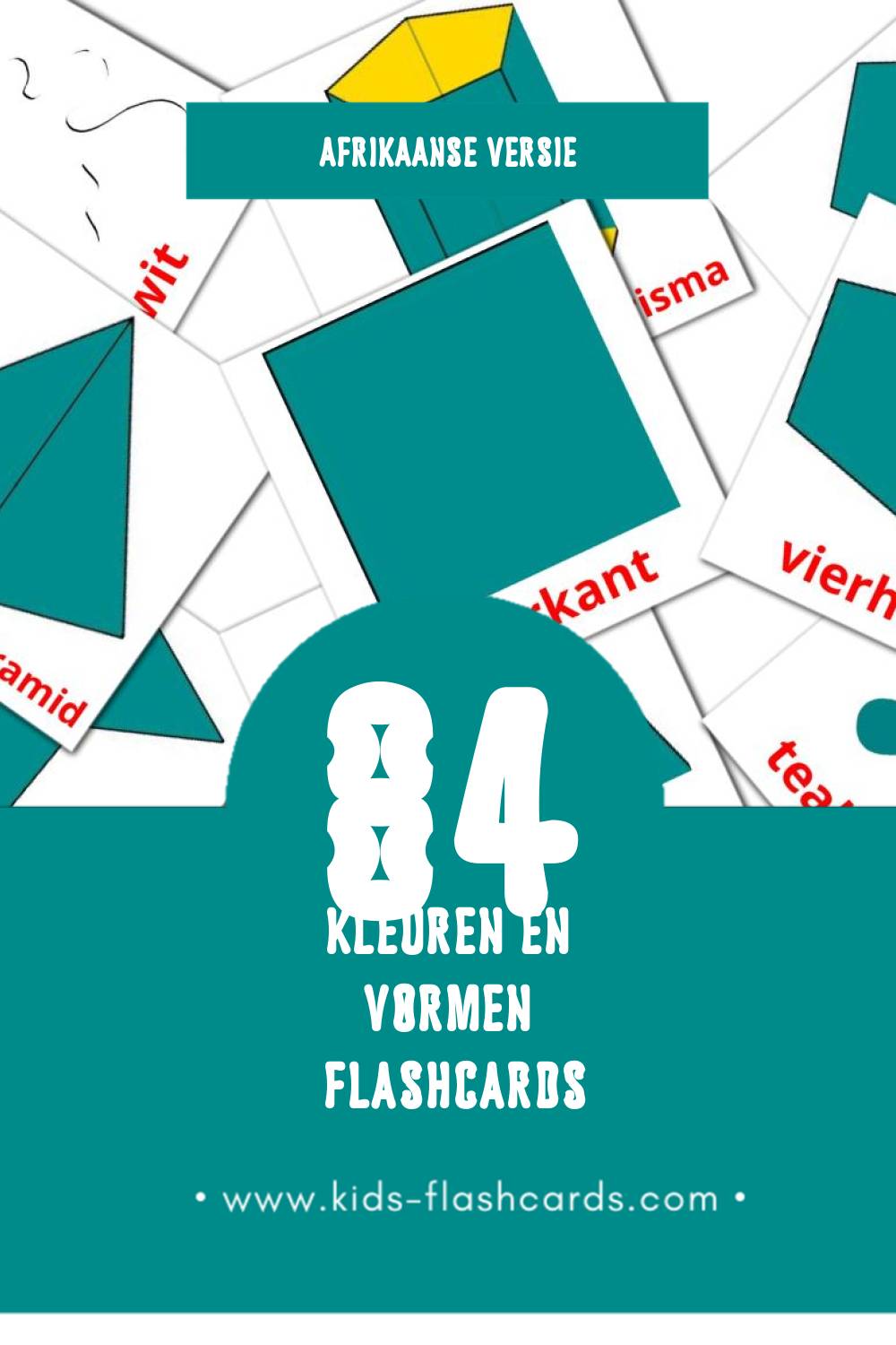 Visuele Kleure en Vorms Flashcards voor Kleuters (84 kaarten in het Afrikaans)