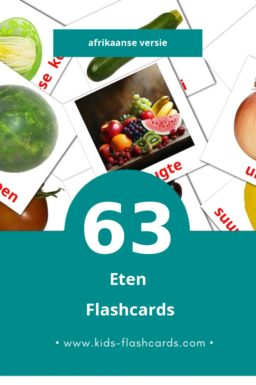 Visuele Kos Flashcards voor Kleuters (63 kaarten in het Afrikaans)