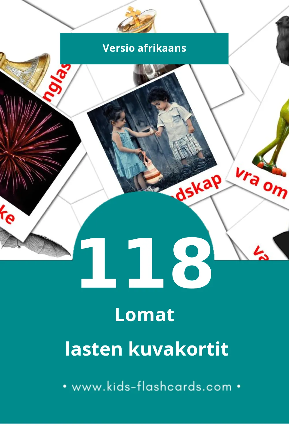 Vakansie lasten kuvakortit pikkulapsille (118 korttia Afrikaansksi)