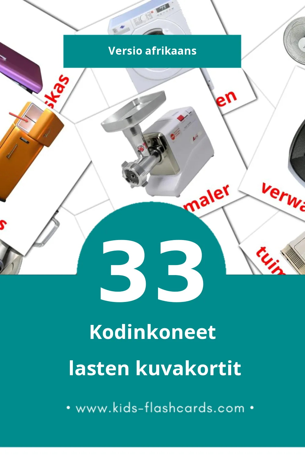 Huishoudlike toestelle lasten kuvakortit pikkulapsille (62 korttia Afrikaans)