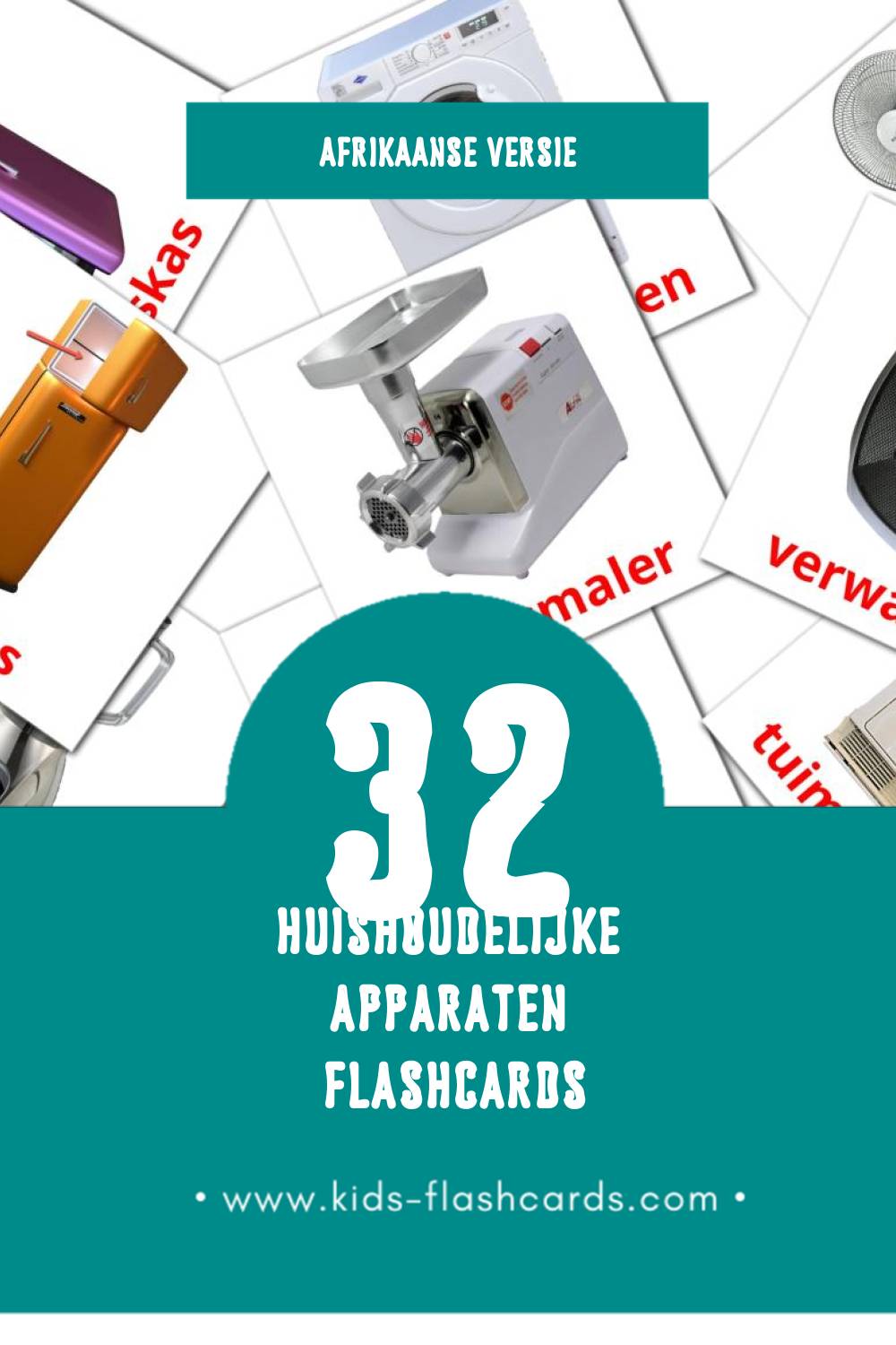 Visuele Huishoudlike toestelle Flashcards voor Kleuters (32 kaarten in het Afrikaans)