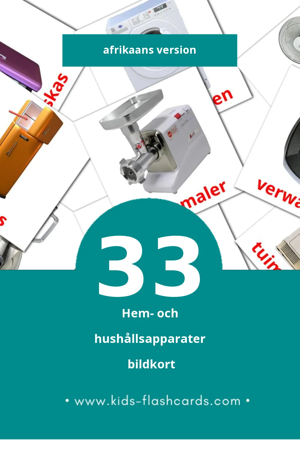 Visuella Huishoudlike toestelle för småbarn (33 bildkort för barn på Afrikaans)