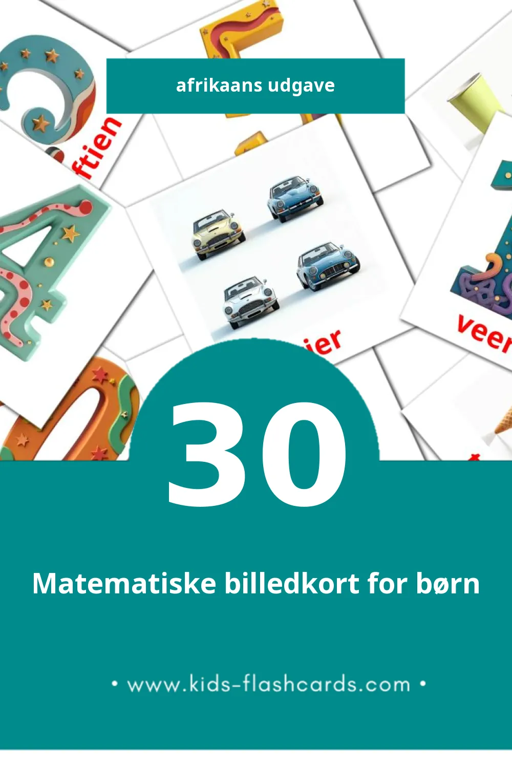 Visuelle billedkort for børn om Wiskunde til småbørn (30 kort på Afrikaans)