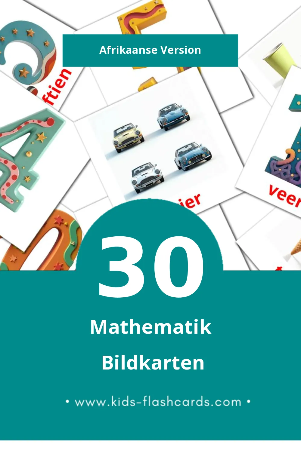 Visual Wiskunde Flashcards für Kleinkinder (30 Karten in Afrikaans)