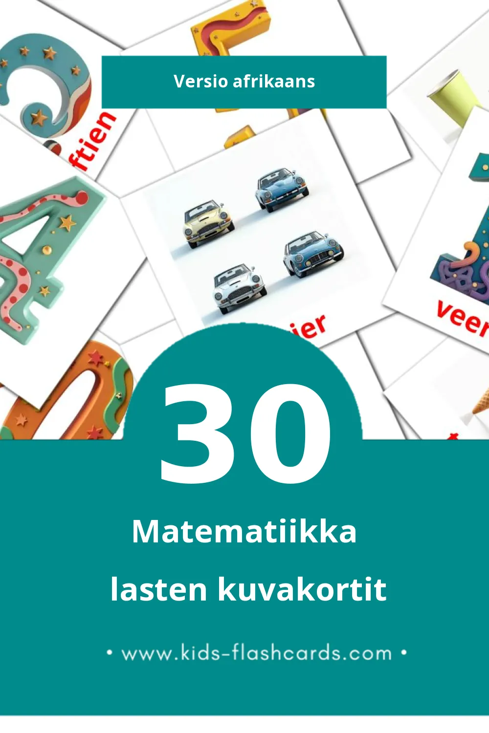 Wiskunde lasten kuvakortit pikkulapsille (30 korttia Afrikaansksi)