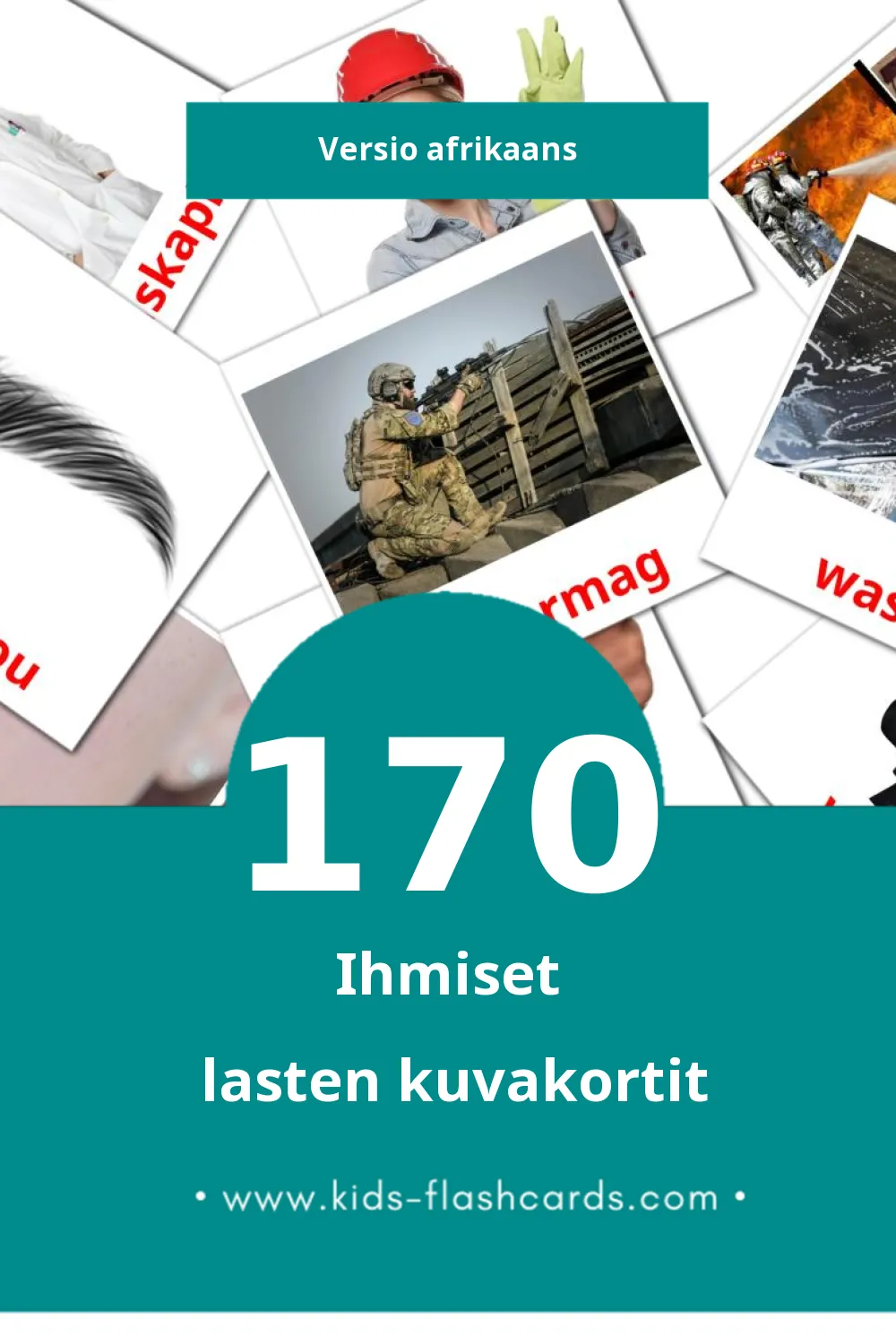 Mense lasten kuvakortit pikkulapsille (170 korttia Afrikaansksi)