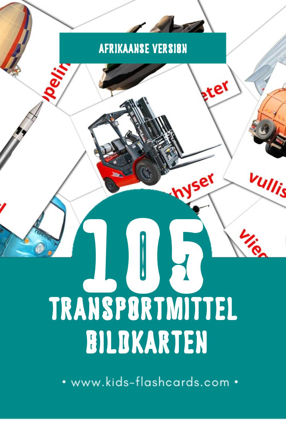 Visual Vervoer Flashcards für Kleinkinder (105 Karten in Afrikaans)