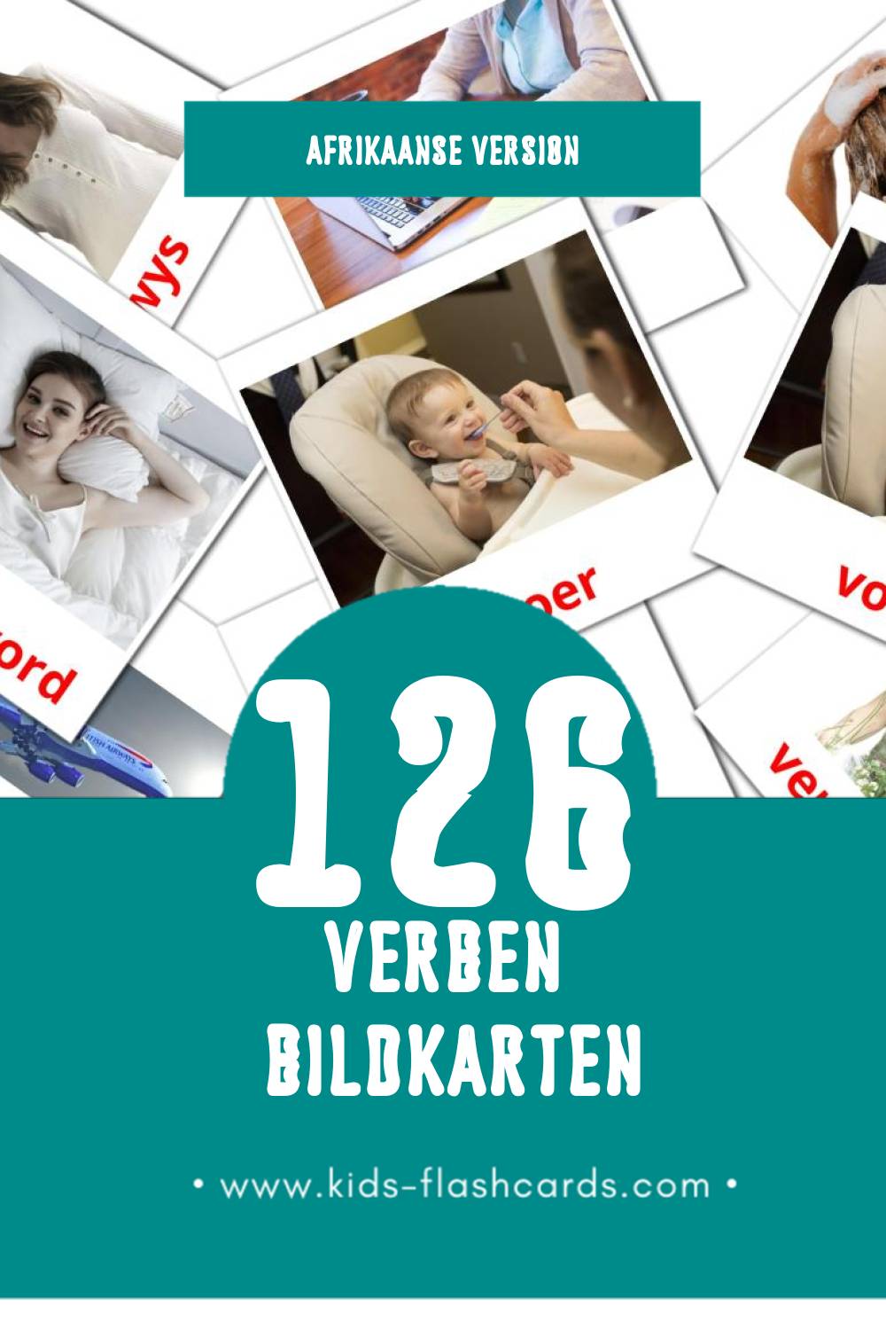 Visual Werkwoorde Flashcards für Kleinkinder (126 Karten in Afrikaans)