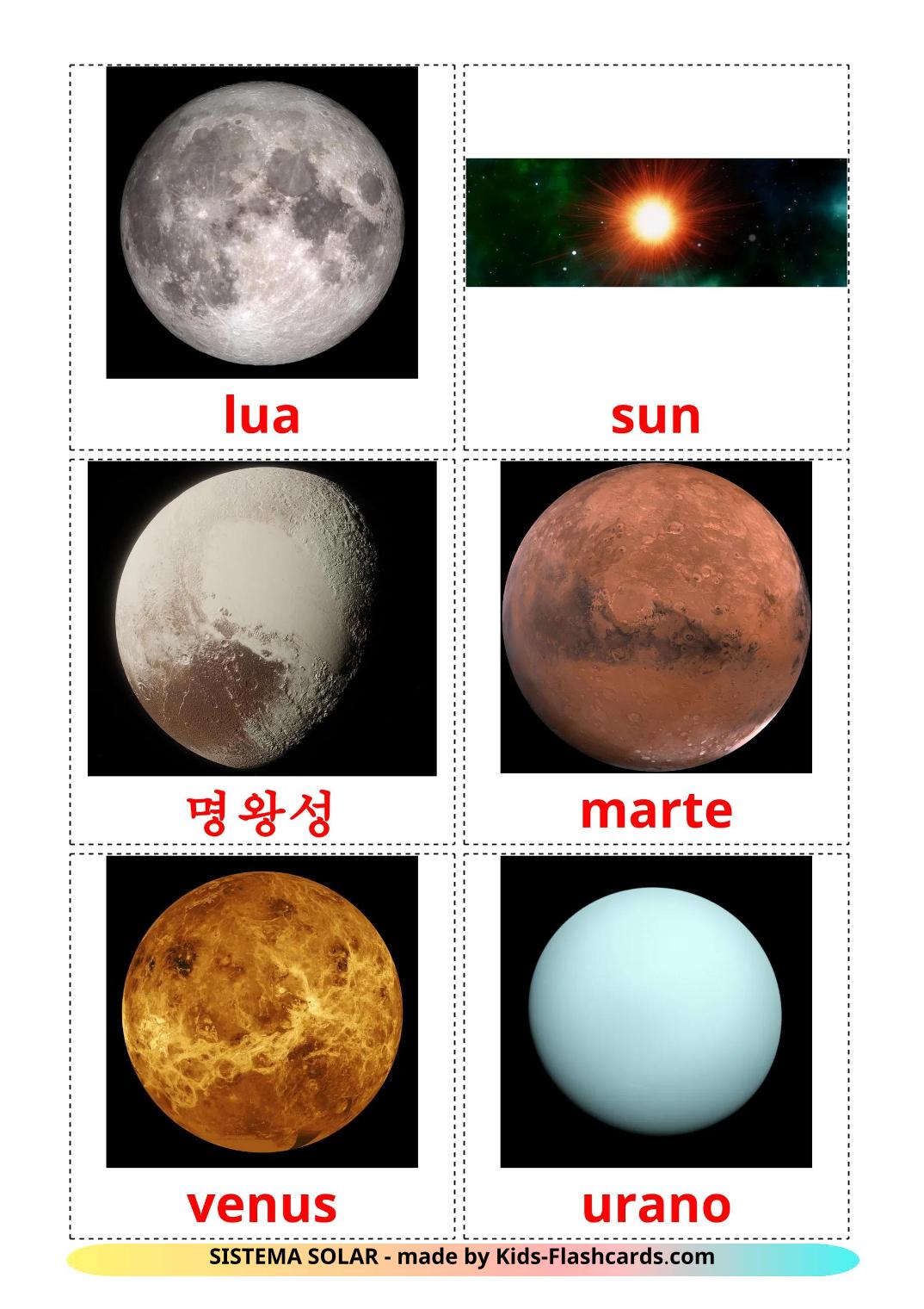 Sistema solare - 21 flashcards amárica stampabili gratuitamente