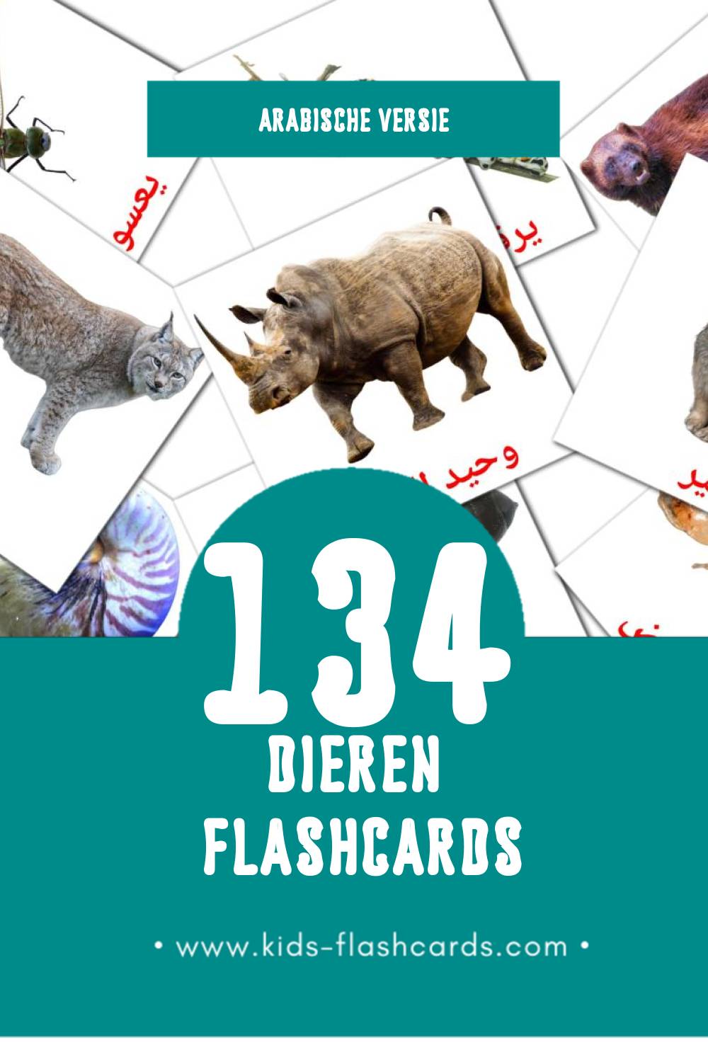 Visuele حيوانات برية Flashcards voor Kleuters (134 kaarten in het Arabisch)