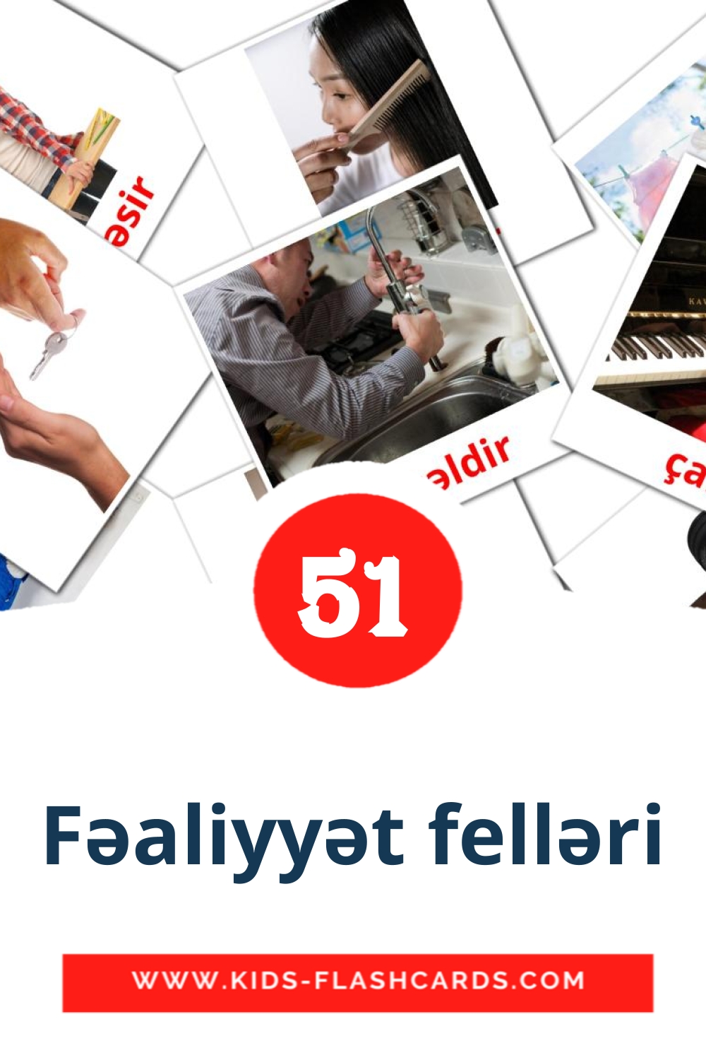 51 carte illustrate di Fəaliyyət felləri per la scuola materna in azerbaijani