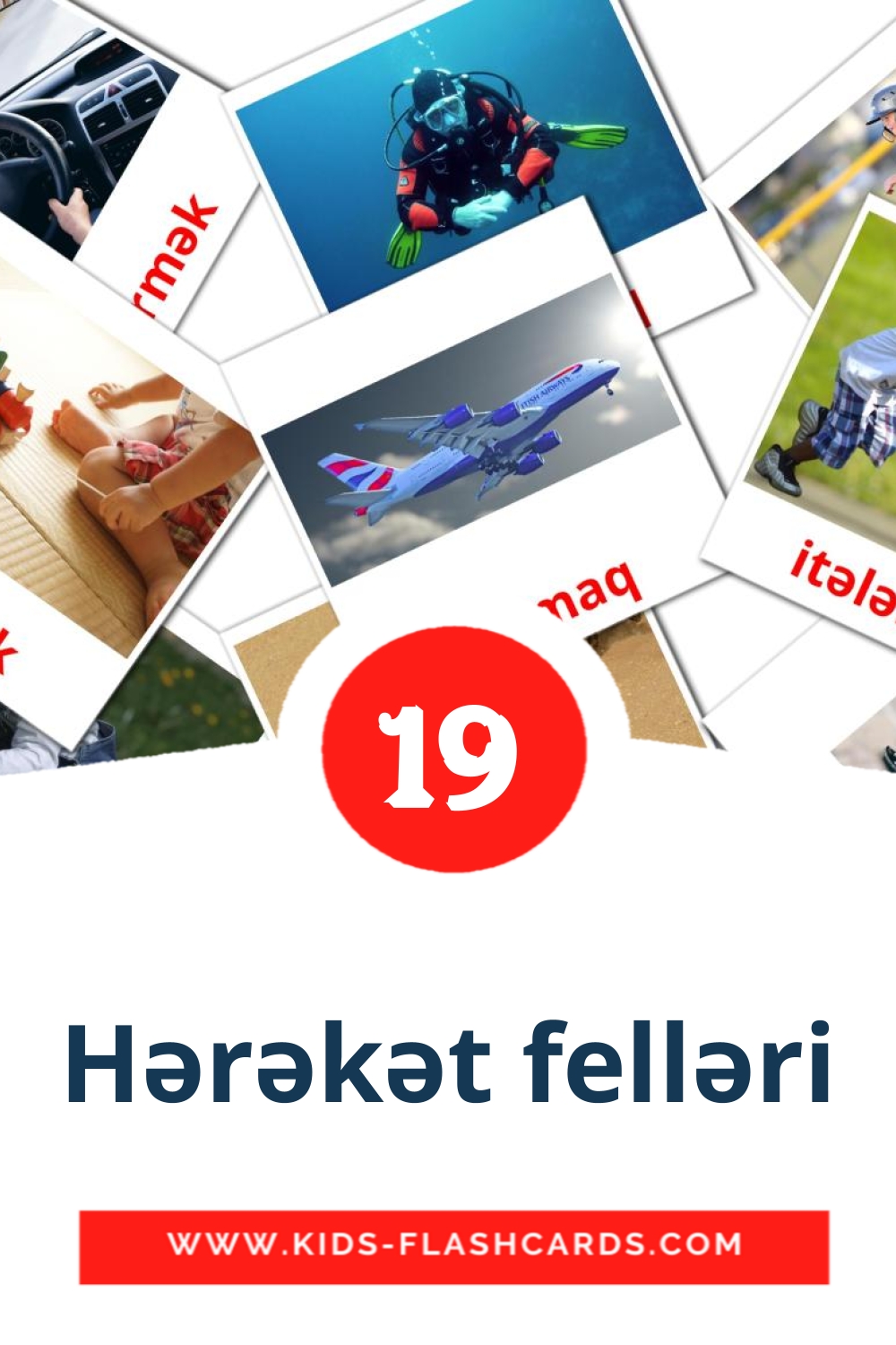 19 carte illustrate di Hərəkət felləri per la scuola materna in azerbaijani
