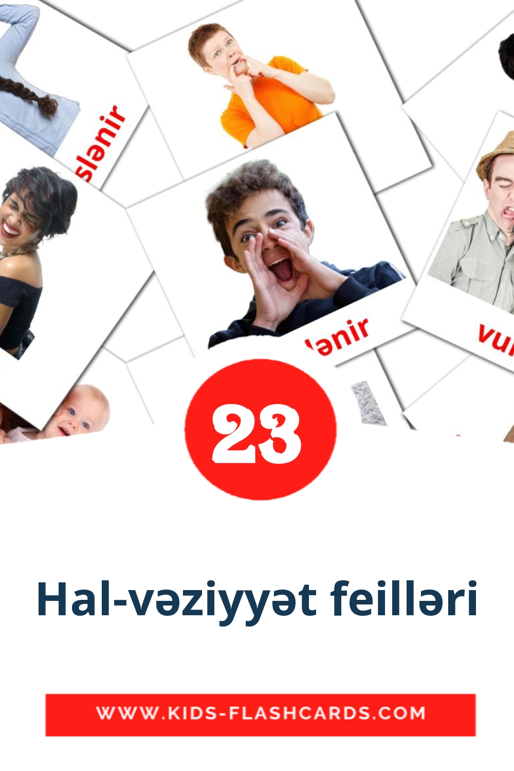 23 Hal-vəziyyət feilləri Picture Cards for Kindergarden in azerbaijani