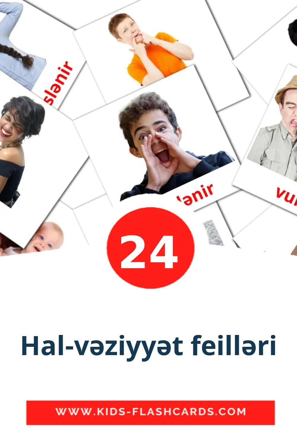 24 cartes illustrées de Hal-vəziyyət feilləri pour la maternelle en azerbaïdjanais