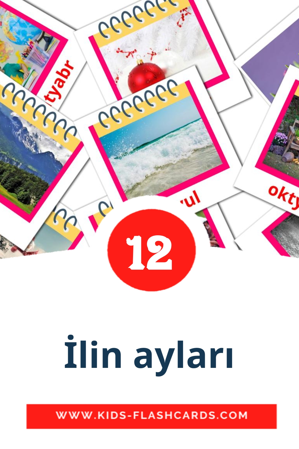 12 tarjetas didacticas de İlin ayları para el jardín de infancia en azerbaiyano