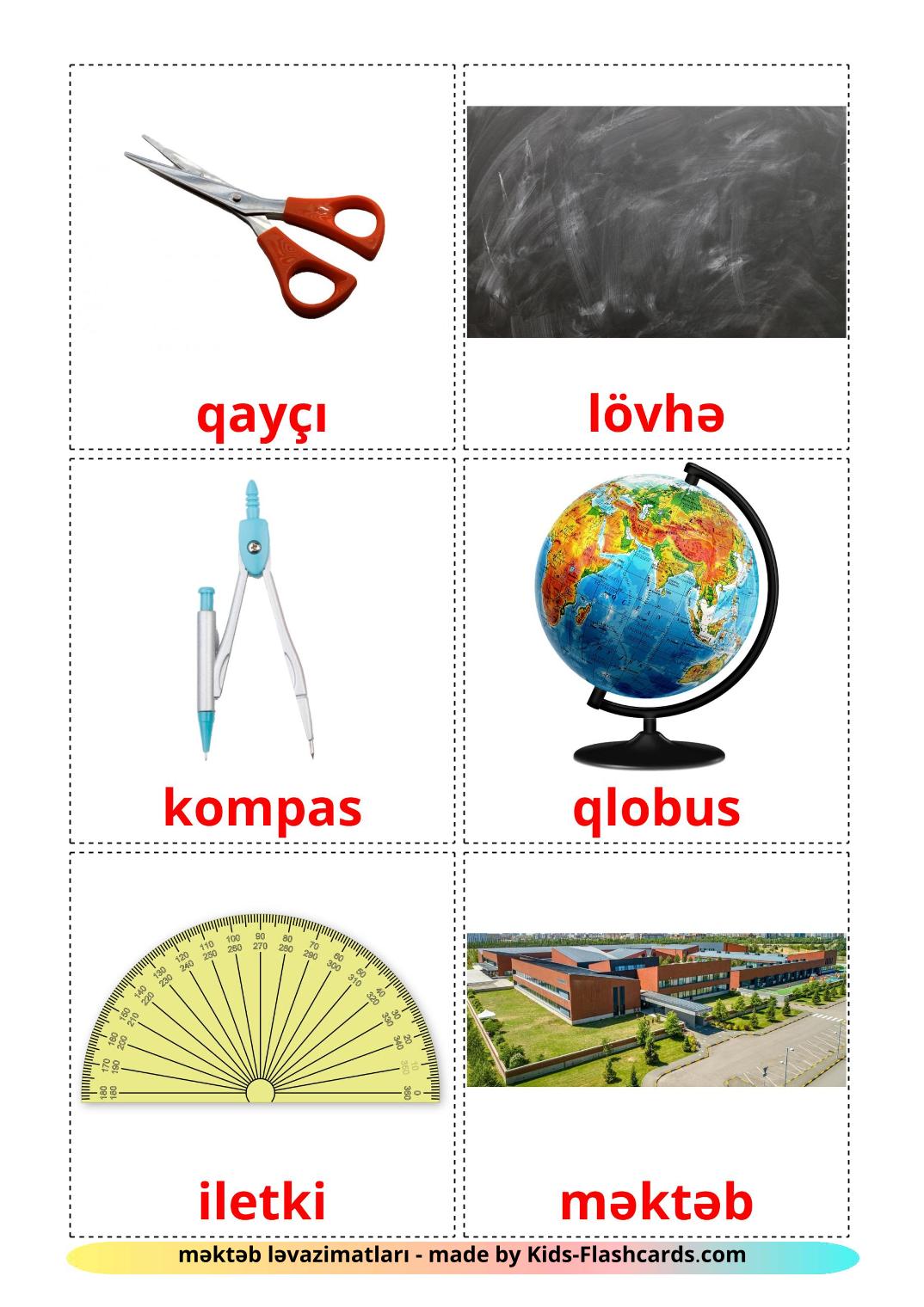 Objetos de sala de aula - 36 Flashcards azerbaijanies gratuitos para impressão