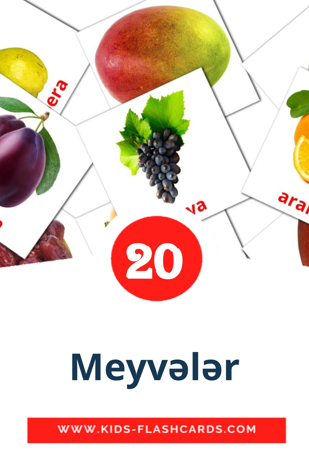 20 cartes illustrées de Meyvələr pour la maternelle en azerbaïdjanais