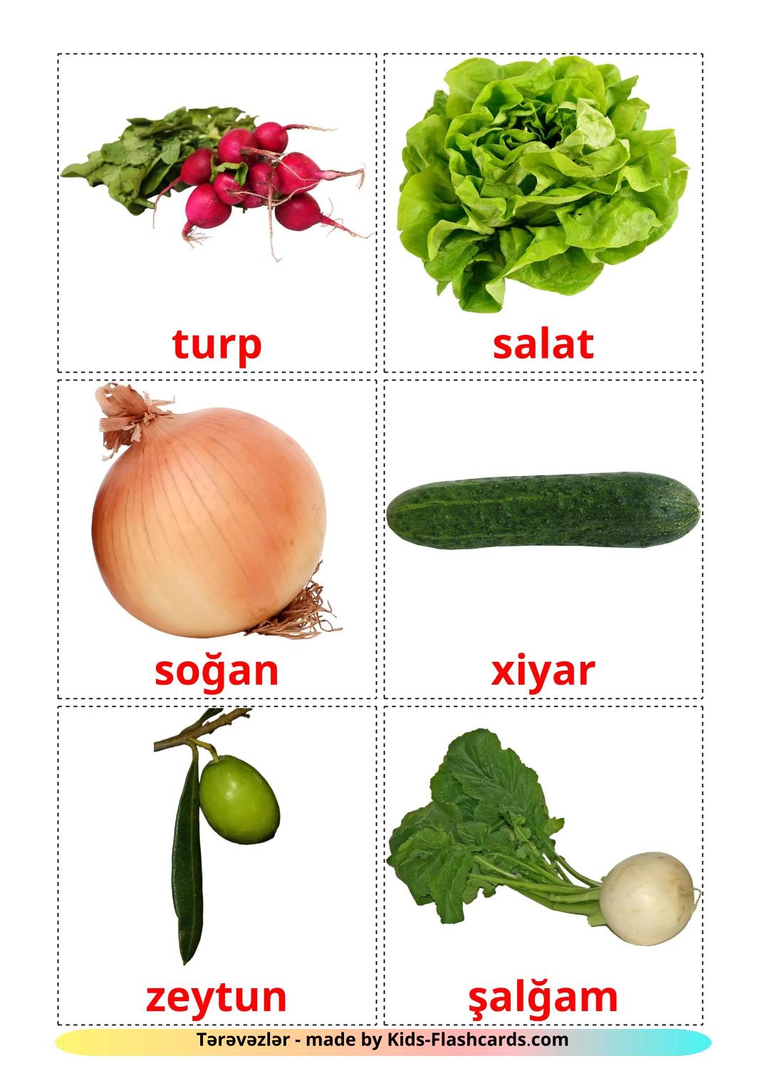 Les Légumes - 30 Flashcards azerbaïdjanais imprimables gratuitement