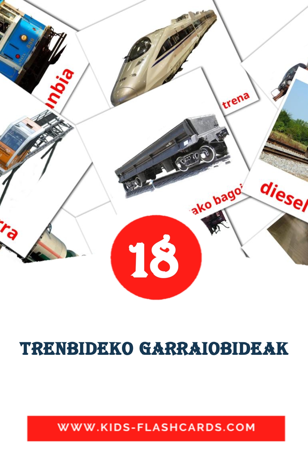 18 tarjetas didacticas de Trenbideko garraiobideak para el jardín de infancia en euskera