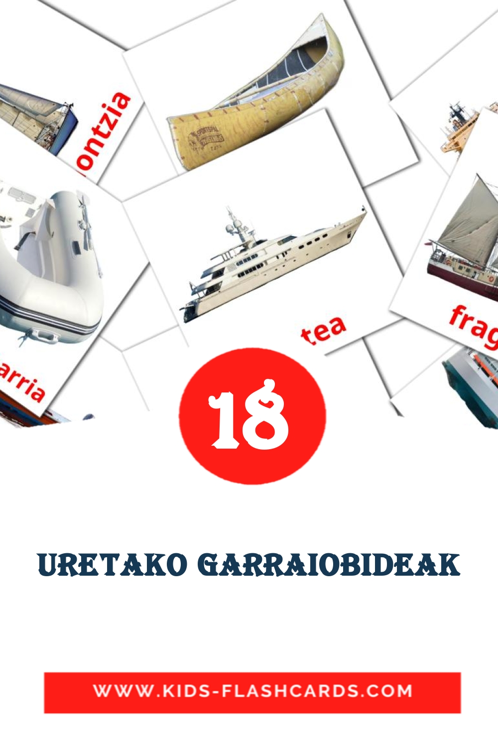 18 tarjetas didacticas de Uretako garraiobideak para el jardín de infancia en euskera