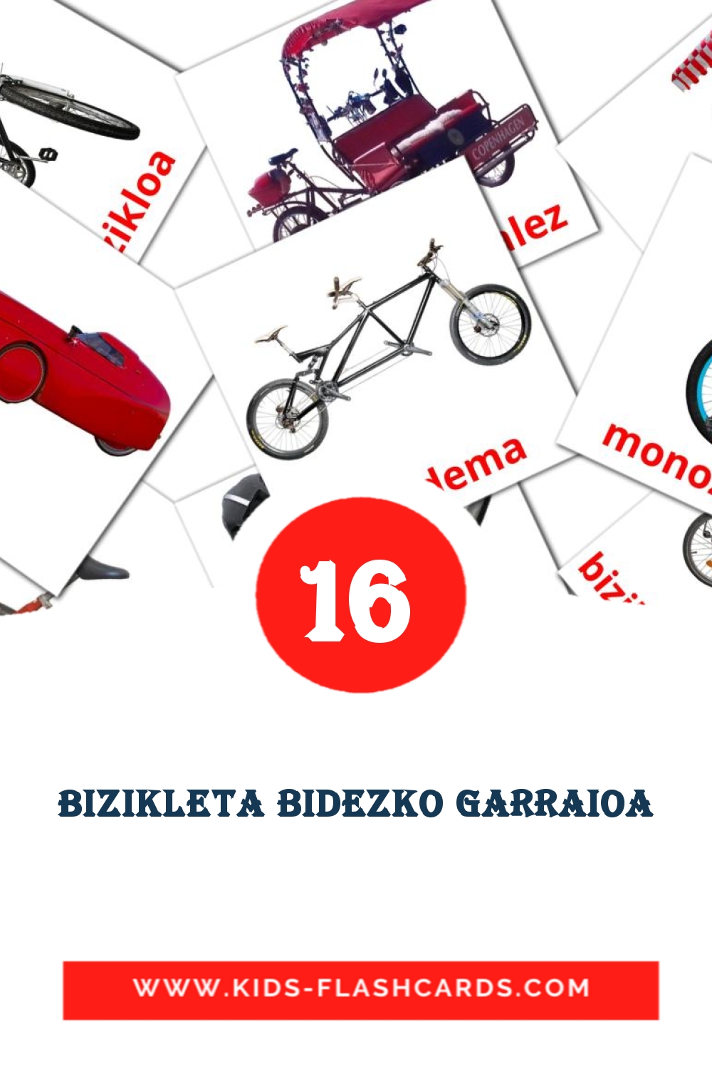 16 Bizikleta bidezko garraioa Picture Cards for Kindergarden in basque