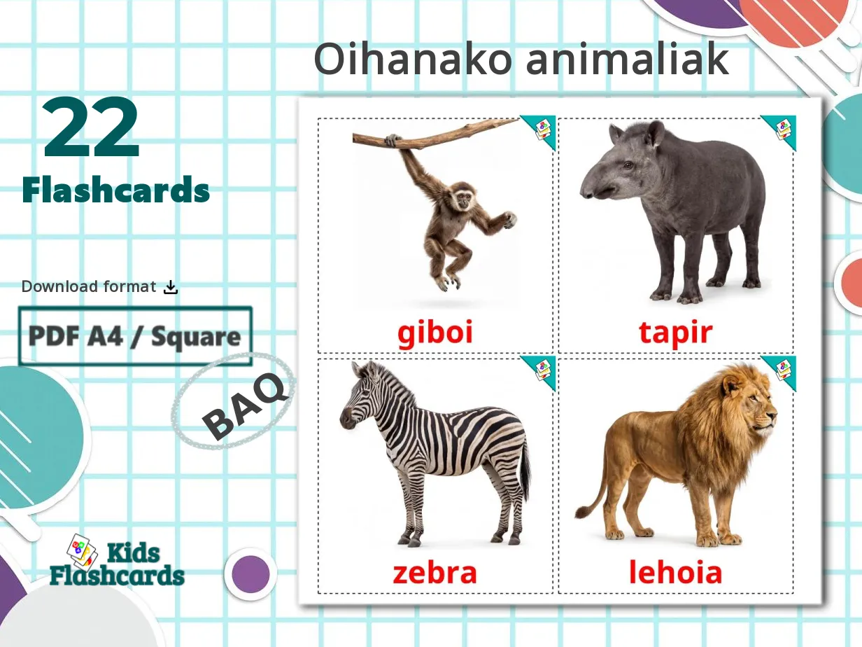 22 Printable Jungle animals Flashcards in Basque (Free PDF)