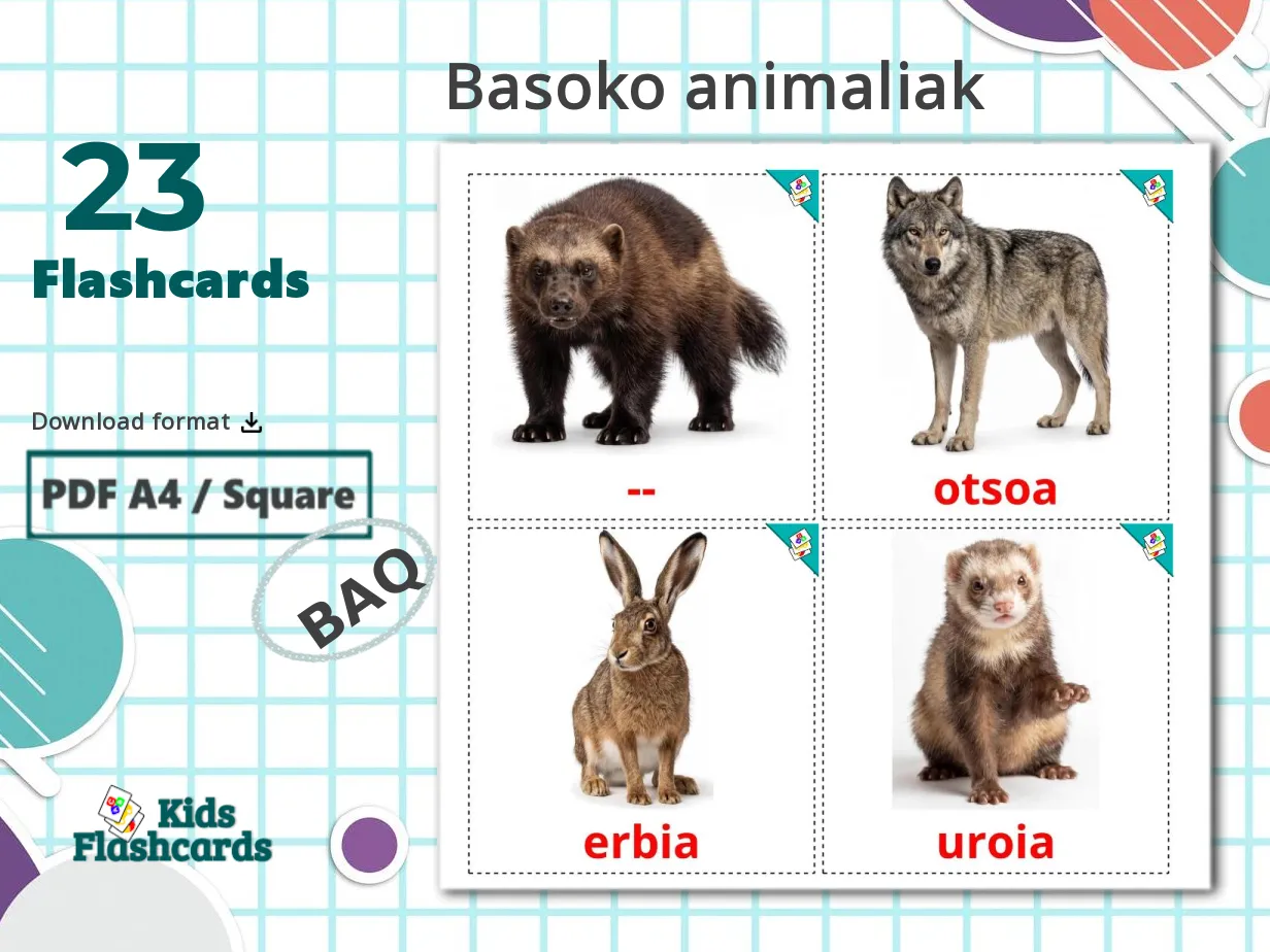 23 Printable Forest animals Flashcards in Basque (Free PDF)