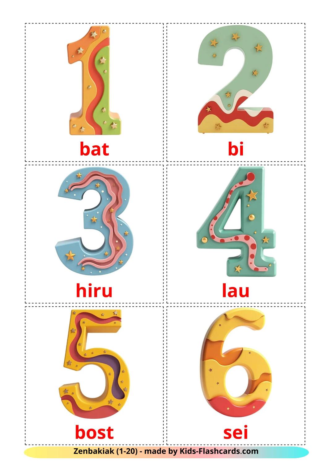 Numbers (1-20) - 20 Free Printable basque Flashcards 