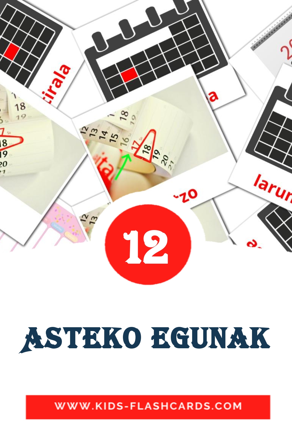 12 Asteko egunak Bildkarten für den Kindergarten auf Baskische